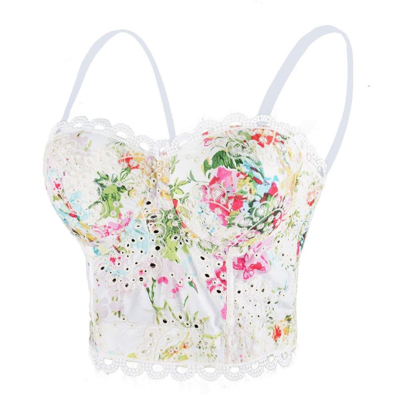 ELLACCI Women's Embroidery Floral Hollow Lace Bustier Crop Top Sexy Corset Bra Tops White Medium - Image 1